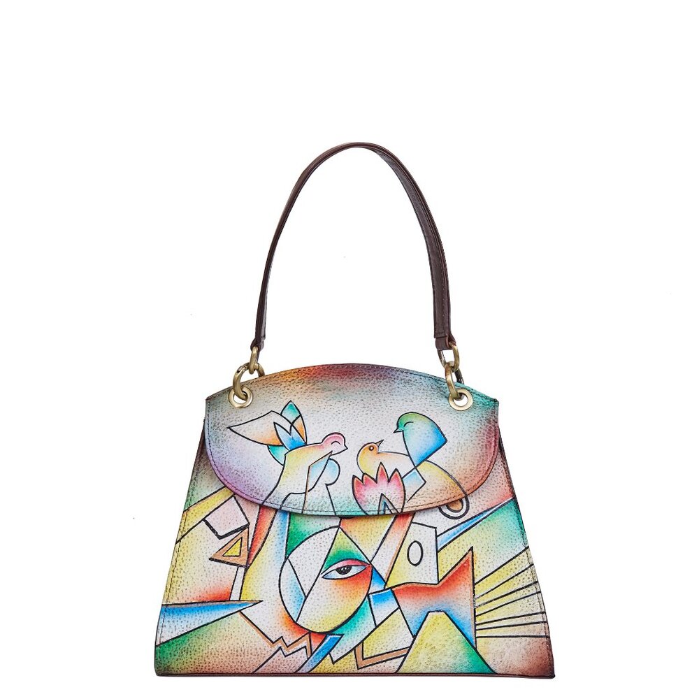 Hand-Painted Leather Abstract Artwork Handbag– Top Handle Shoulder Bag for Women